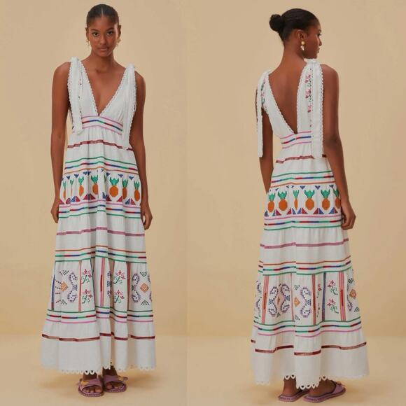Farm Rio Embroidered tiered maxi dress Linen Blend Sz M Coastal Boho Chic Artsy - Picture 12 of 13
